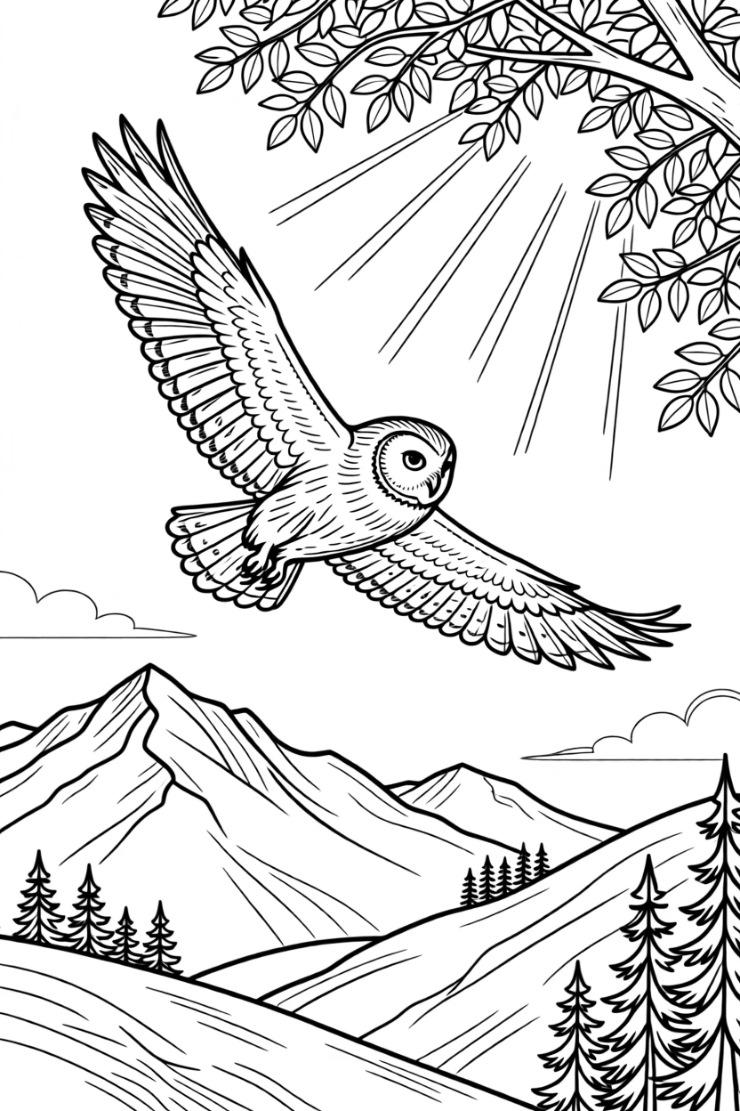 A barn owl soaring above a mountain range, with sunlight breaking through the canopy above.
