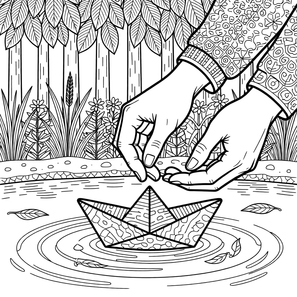 A pair of hands releasing a single origami boat onto calm water.