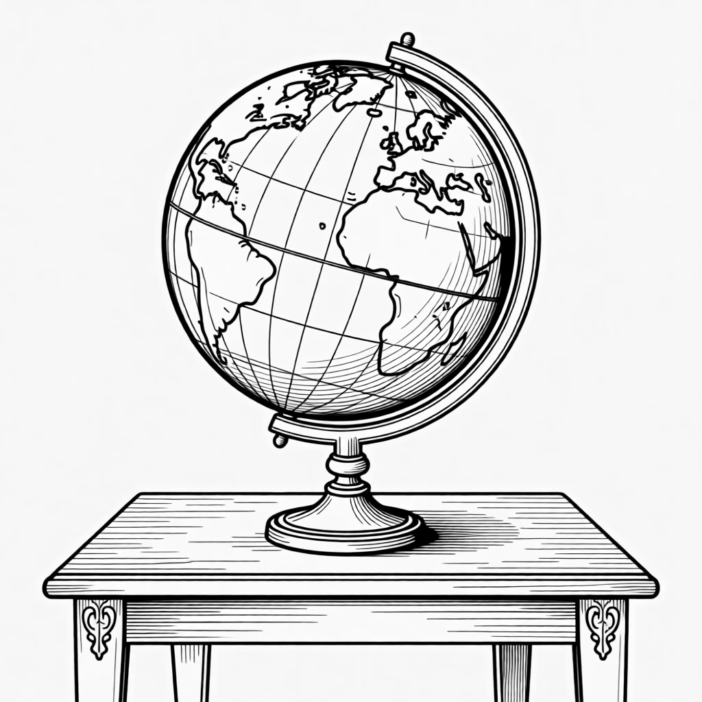 A vintage globe resting on a wooden library table