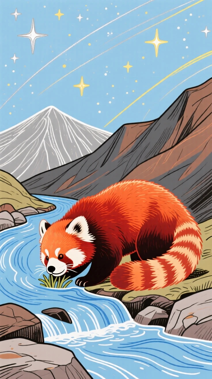 A red panda grazing beside a mountain stream under a clear starry sky.
