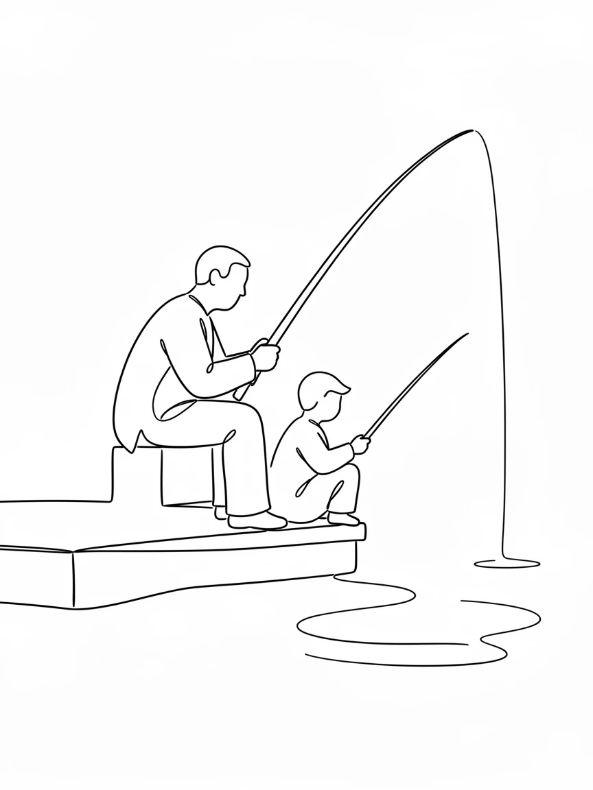 A grandfather and grandchild fishing together from a quiet dock