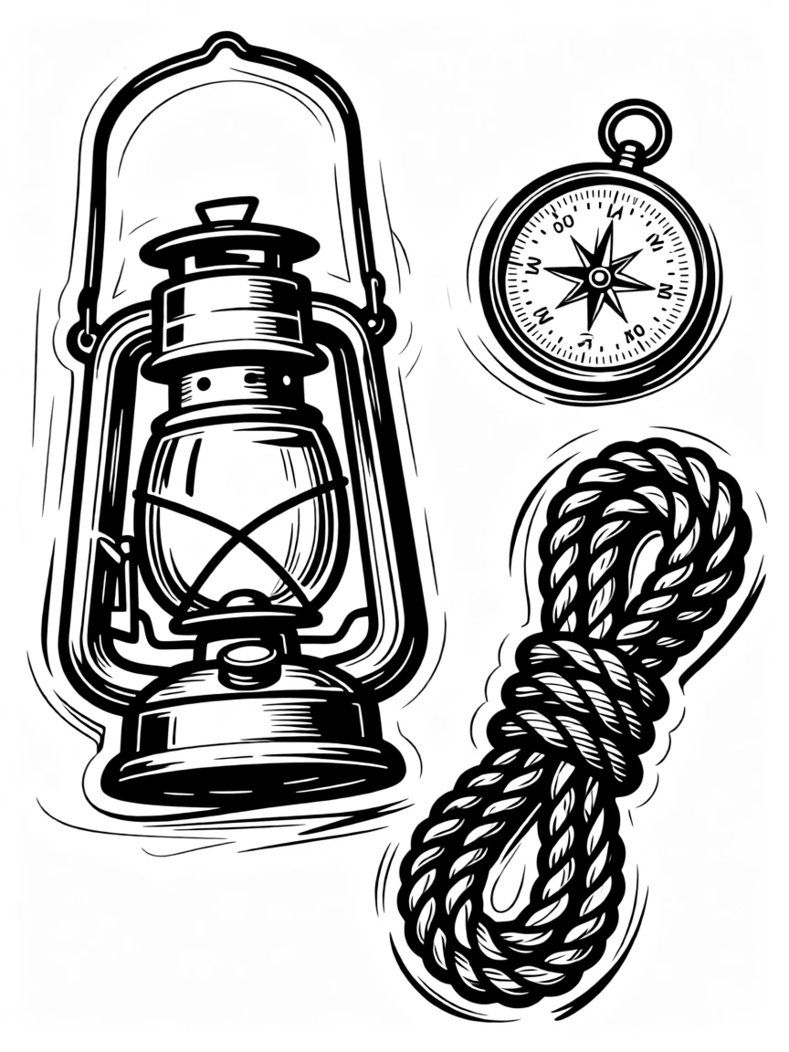 A flat lay of camping gear including a lantern, compass, and rope neatly arranged.