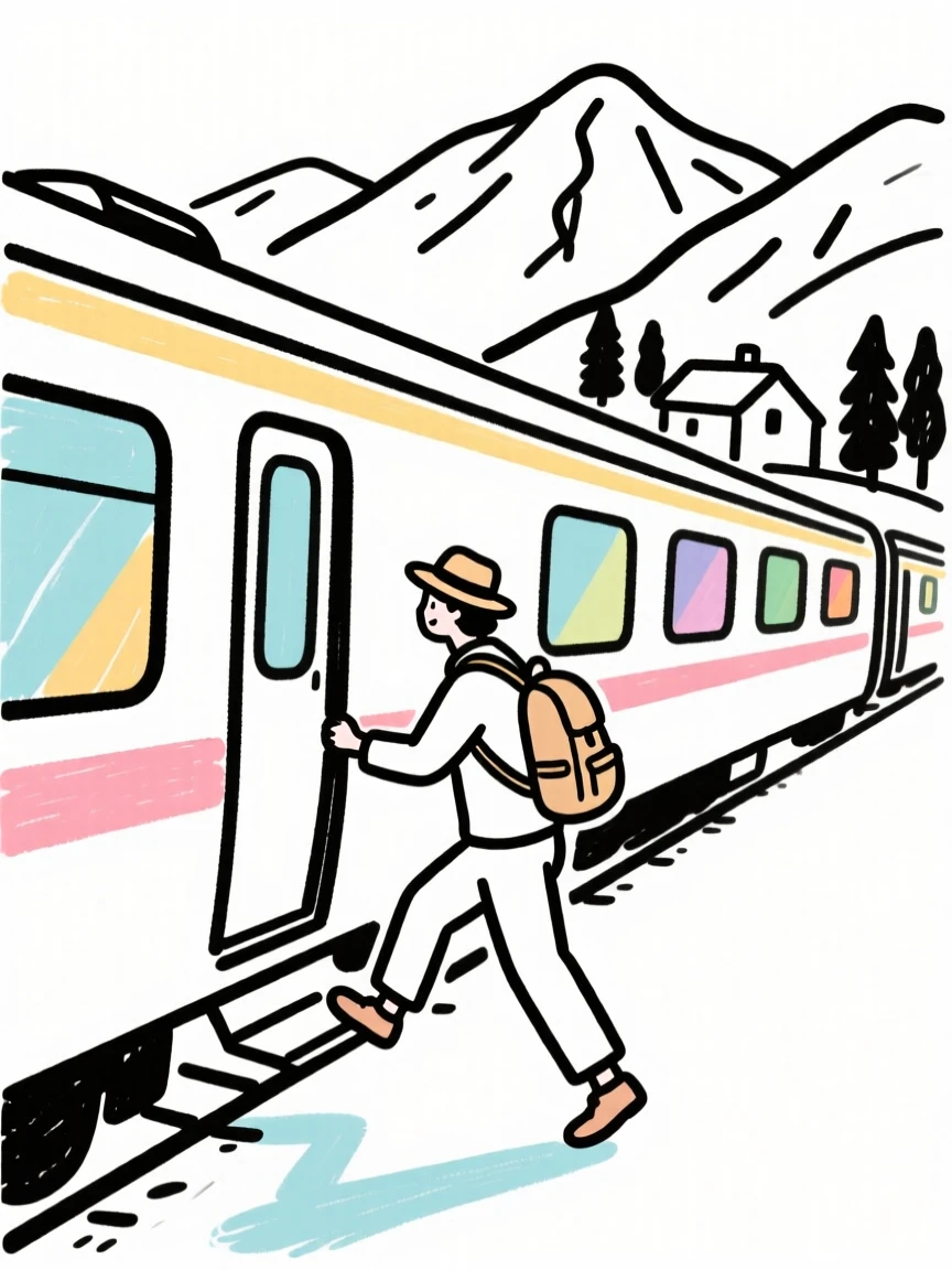 A traveler boarding a colorful train bound for a mountain village.