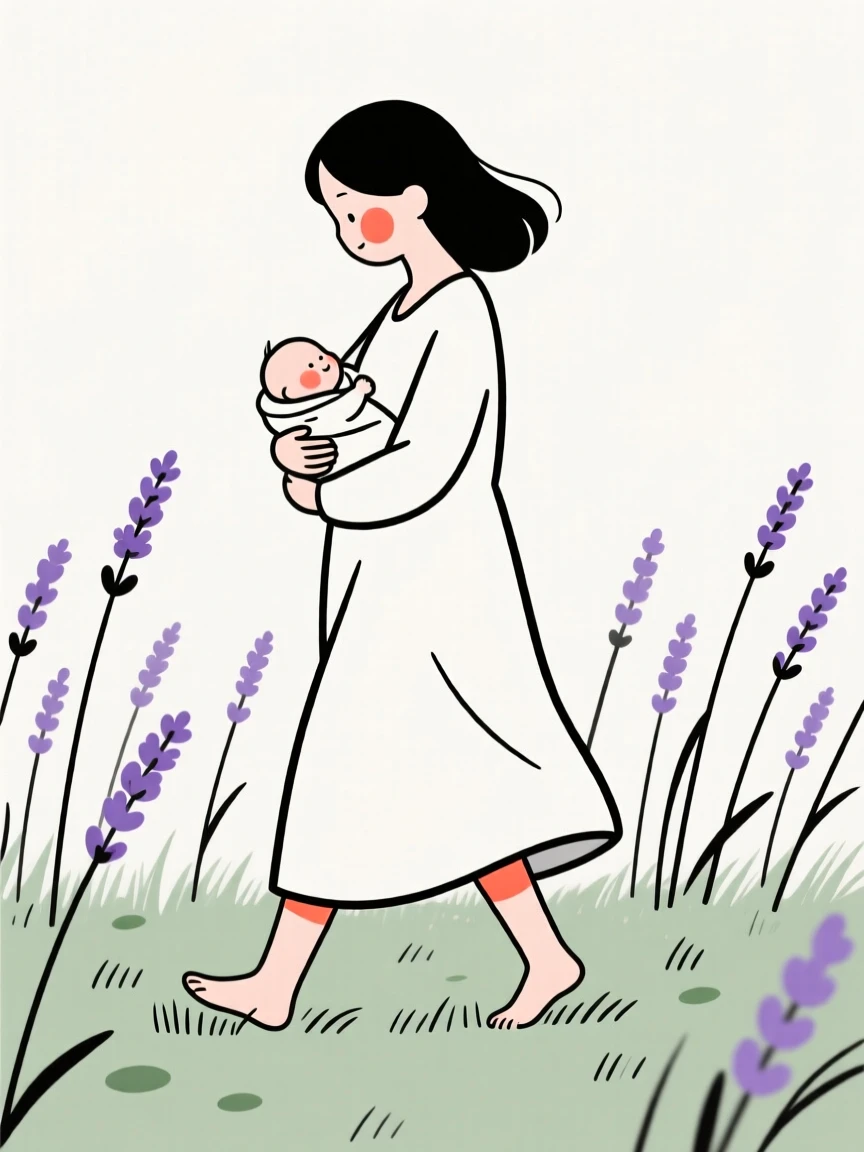 A new mother walking barefoot on cool grass, in a lavender field.