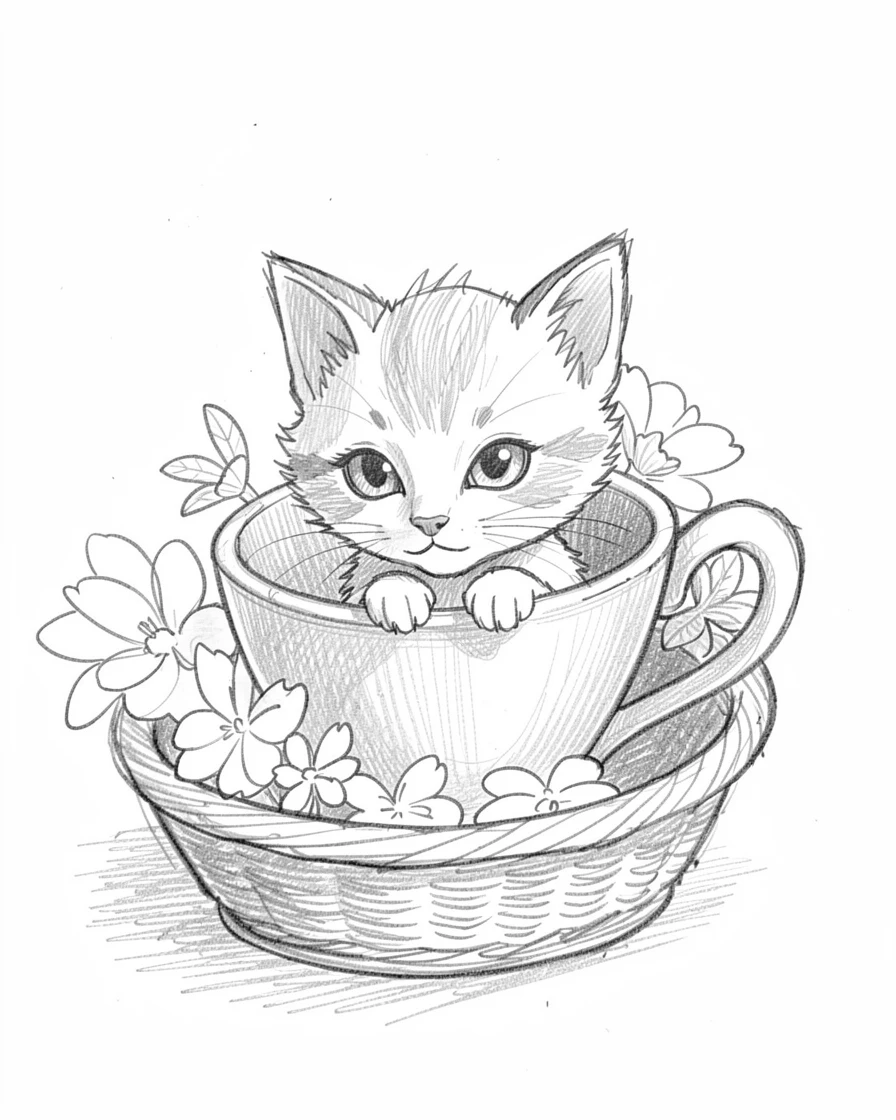 A tiny kitten peeking out of a teacup, in a basket of soft flowers, with a playful, mischievous expression.