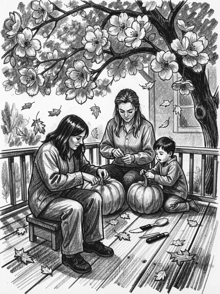 A family carving pumpkins on a porch in autumn, beneath blossoming trees in full bloom.