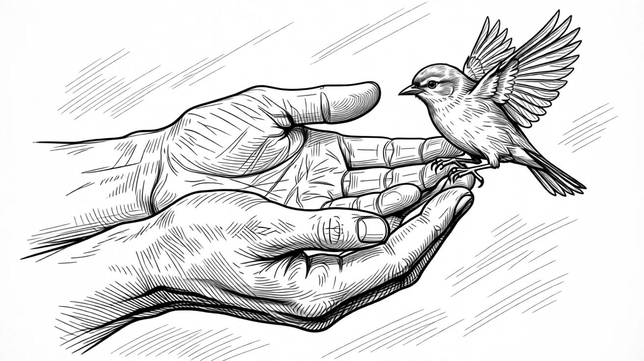 A pair of hands holding a small bird gently before releasing it to fly.