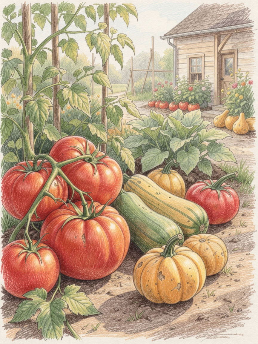 A farmstead kitchen garden bursting with ripe tomatoes and squash, with a gentle play of light and shadow across the composition, evoking nostalgia and a deep sense of contentment.