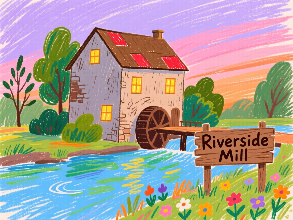 A riverside mill glowing warmly with lit windows at dusk.