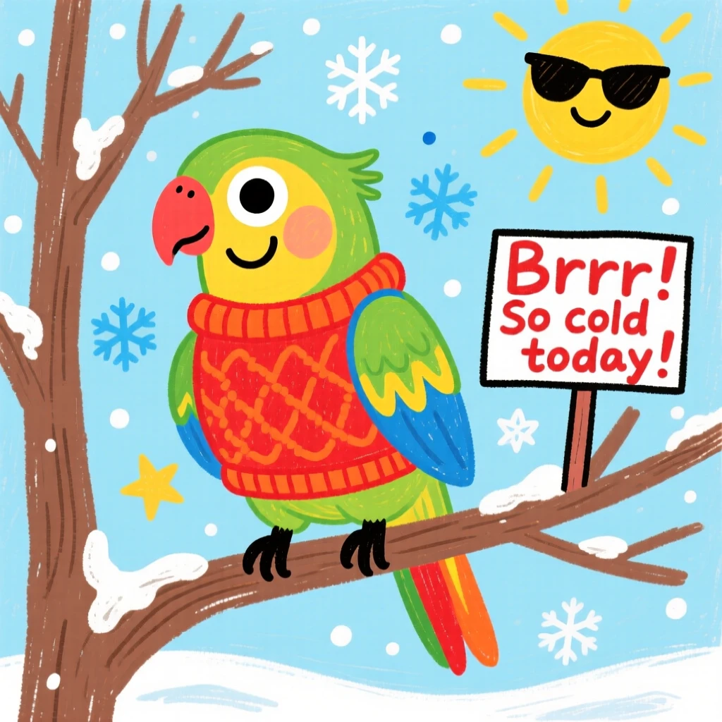 A parakeet with bright feathers wearing a tiny knitted sweater on a cold morning.