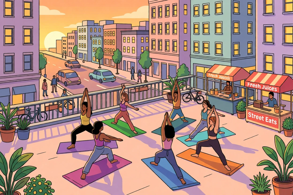 A group of friends enjoying a rooftop yoga class at sunrise, set against a backdrop of a lively city street, composed with warm natural light and relaxed framing, with a sense of community and connection in every detail.