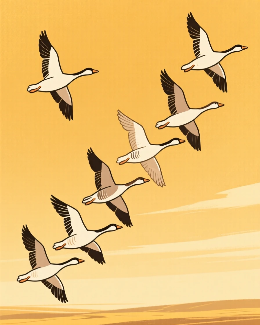 A flock of geese flying in a steady V formation across a golden sky.