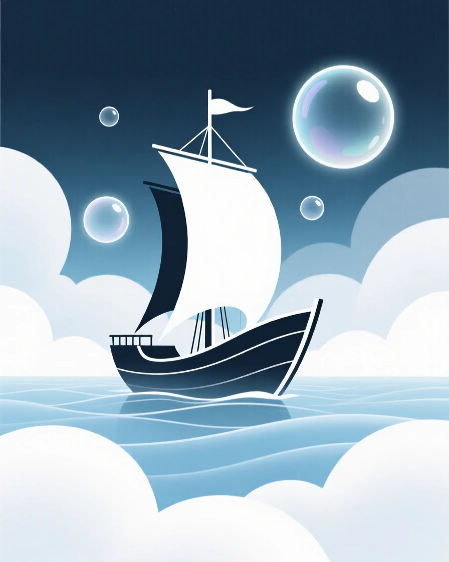 A magical ship sailing across a sea of clouds nestled within a world made entirely of clouds, glowing near drifting soap bubbles, full of dreamlike serenity.