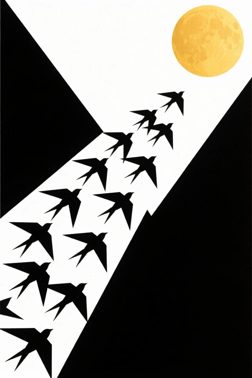 A flock of birds flying in formation toward the sun
