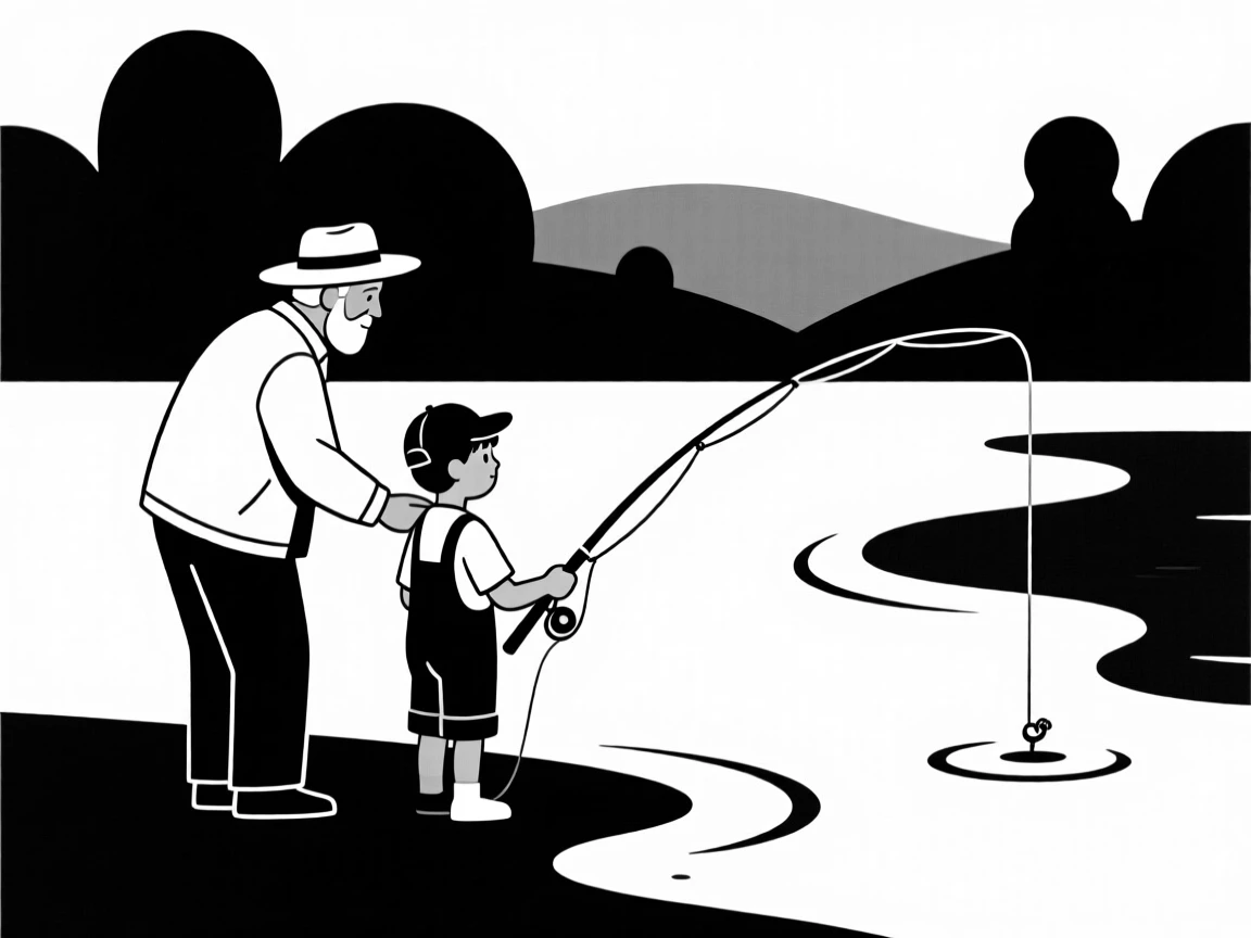 A grandfather teaching his grandson to fish.