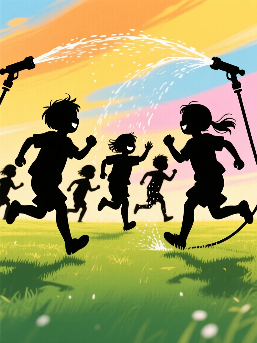 A group of children chasing each other through sprinklers on a summer lawn.