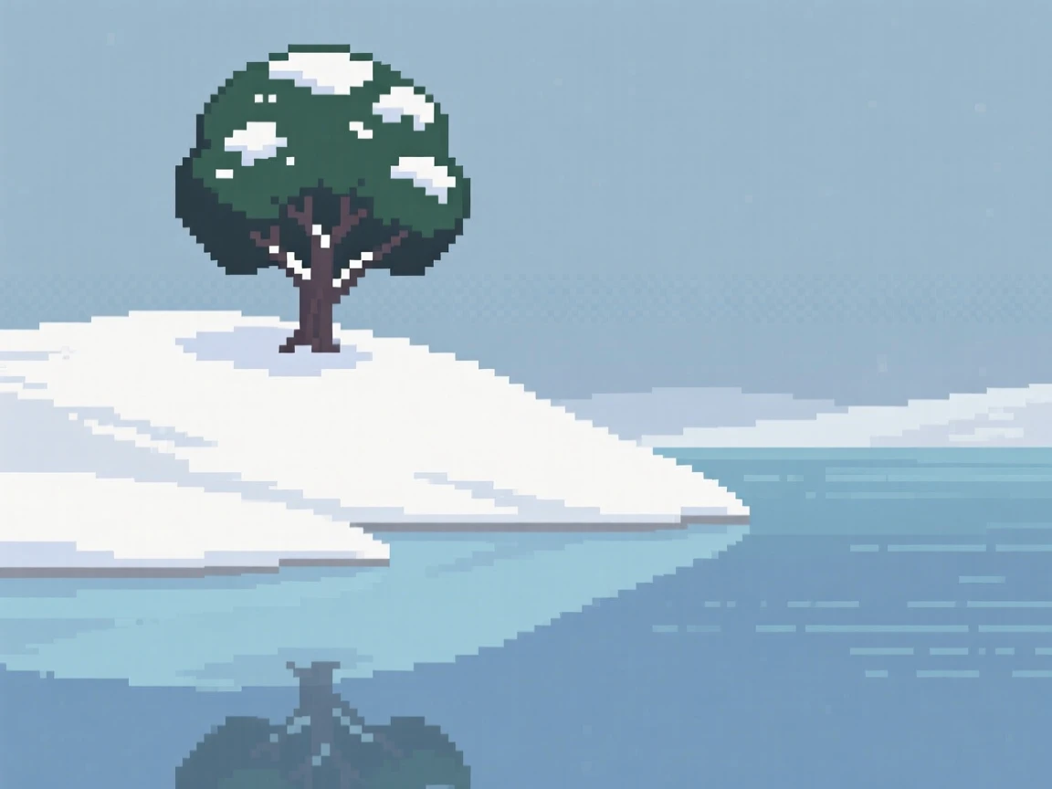 A lone tree on a hill dusted with a light layer of fresh snow, beside a calm and glassy lake.