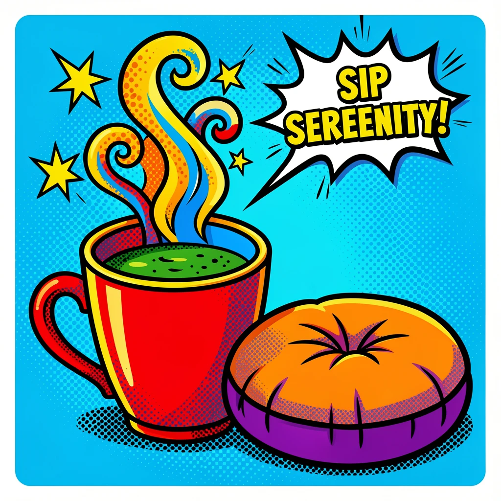 A steaming cup of herbal tea beside a cozy meditation cushion