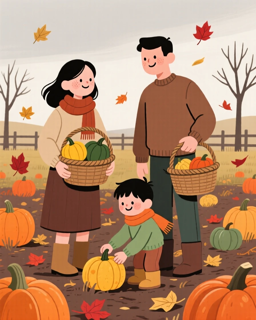 A family gathers baskets of squash in a pumpkin patch as red and gold leaves drift down around them under a overcast gray sky.