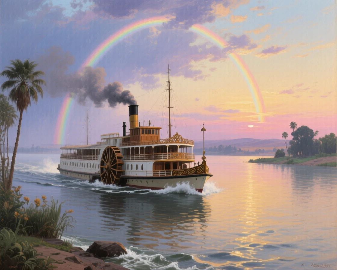 A panoramic view of a paddle steamer churning down a wide river at sunset, along the Nile in Egypt, at twilight, under a rainbow after a storm.