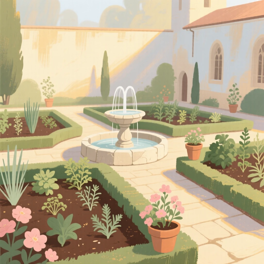 A quiet monastery garden with rows of herbs and a stone fountain