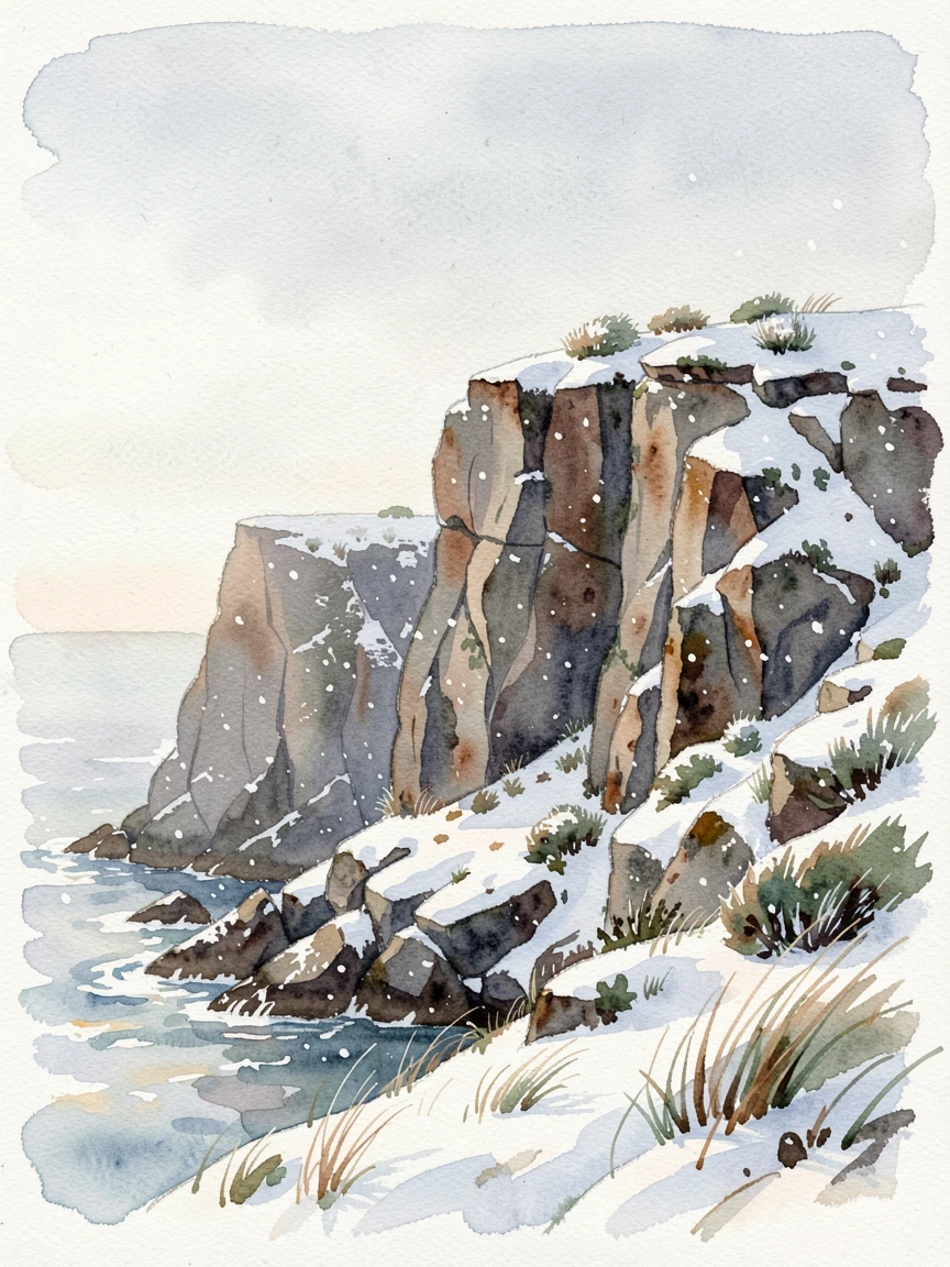An island surrounded by cliffs during the first snowfall.