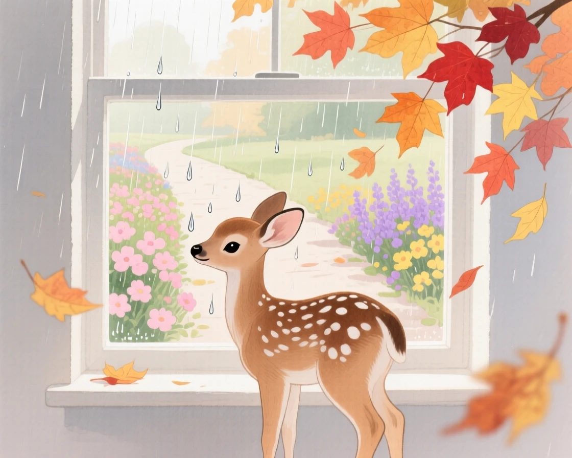 A baby deer watches raindrops on a window in a blooming garden path, as autumn leaves swirl around