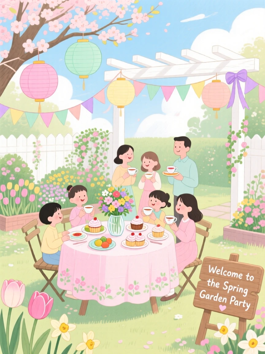 A spring garden party with pastel decorations and blooming flowers, filled with seasonal charm.