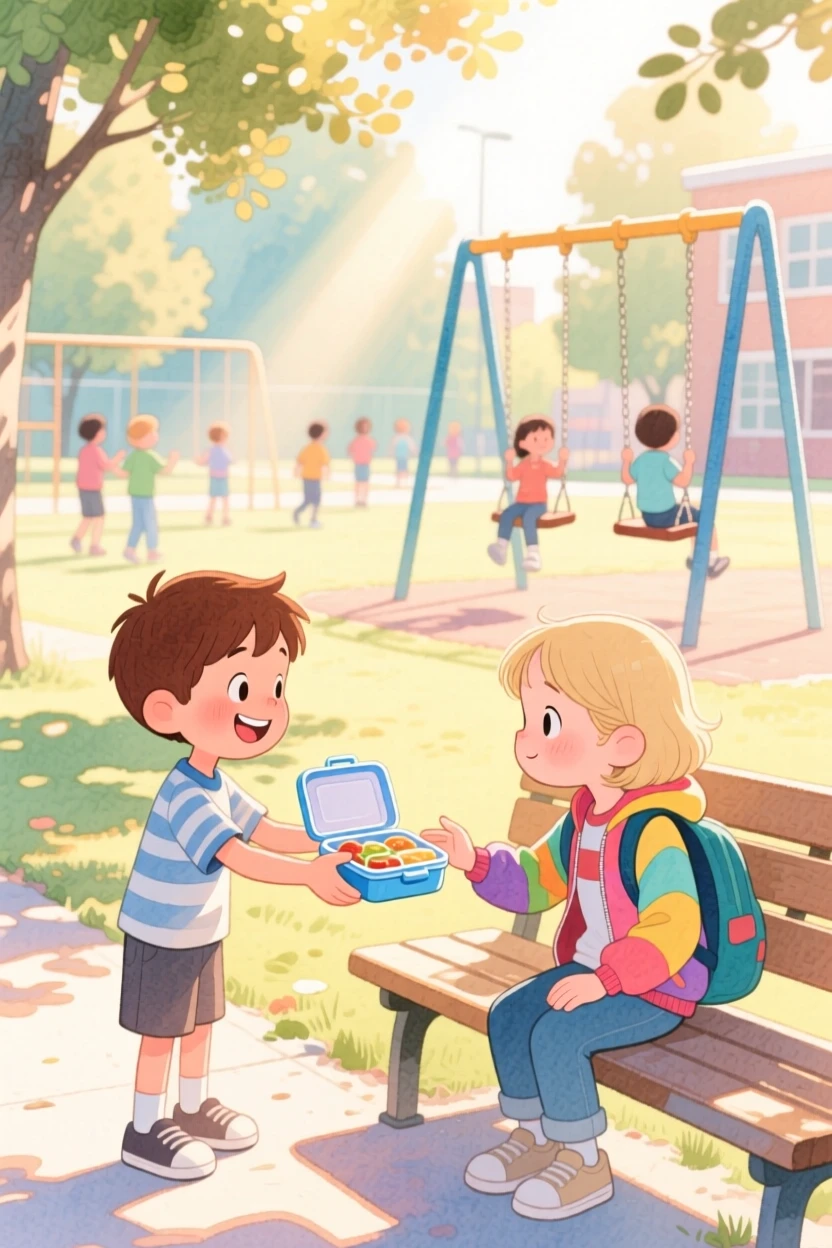 A little boy sharing his lunch with a new student sitting alone at recess, bathed in warm afternoon sunlight, radiating kindness, hope, and heartfelt emotion.