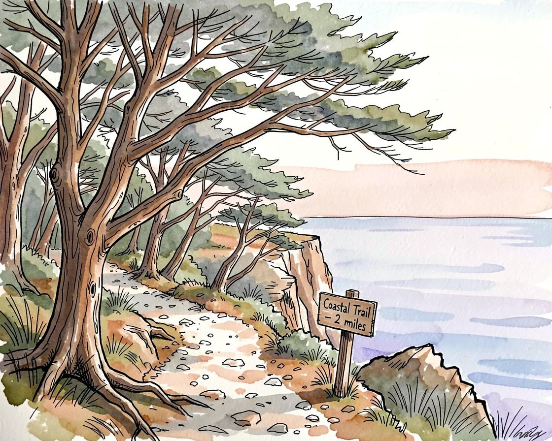 A rugged coastal trail winding along wind-bent cypress trees, birdsong drifting through the stillness of early morning.