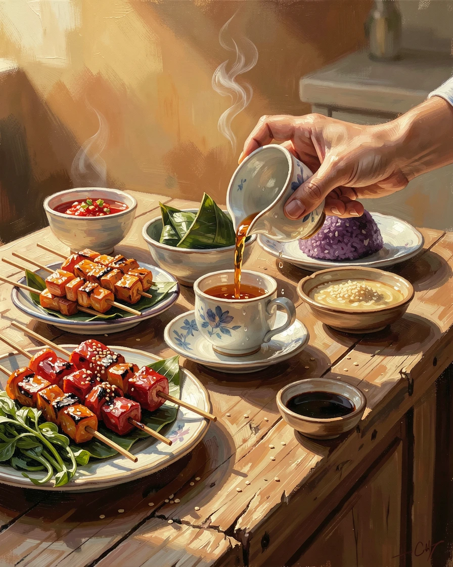 A spread of colorful street food at a night market, a hand reaching to pour a cup of tea, on a sunlit kitchen counter, at golden hour, light spilling across the table.