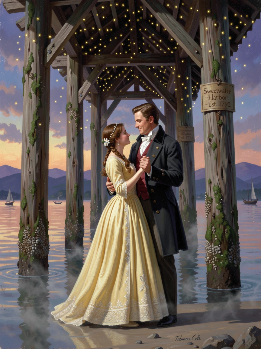 A young woman and her suitor dance together under a harbor at dusk beneath a canopy of fireflies.