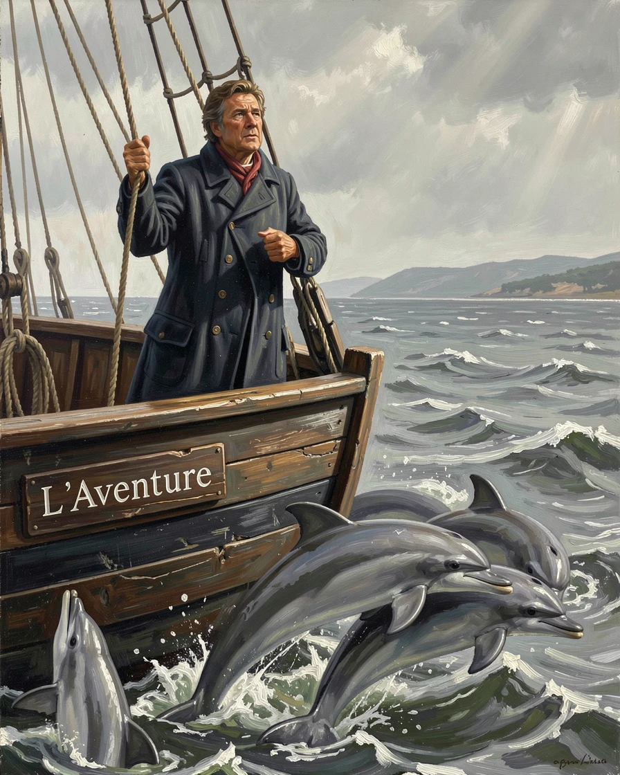 A sailor watching a pod of dolphins race alongside their boat, as the thrill of discovery radiates through the entire composition, offering a vivid, awe-inspiring window into a far-off adventure