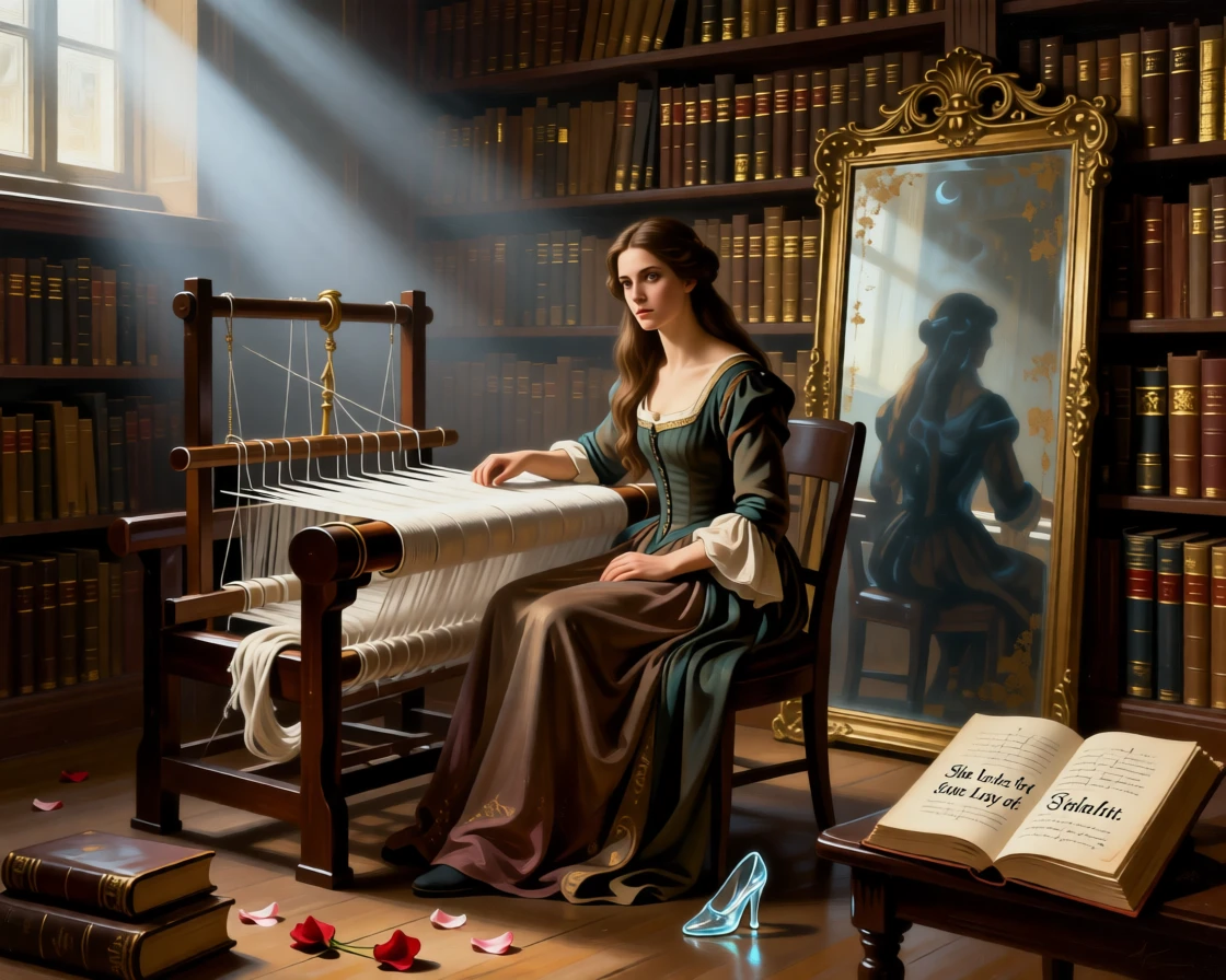 The lady of Shalott weaving at her loom before a fateful mirror as the audience holds its breath in anticipation, set within a cozy library filled with worn, beloved books, with scattered rose petals, an open storybook, and a forgotten glass slipper; a diagonal beam of moonlight highlights the pivotal narrative moment, filled with romance, imagination, and quiet drama.