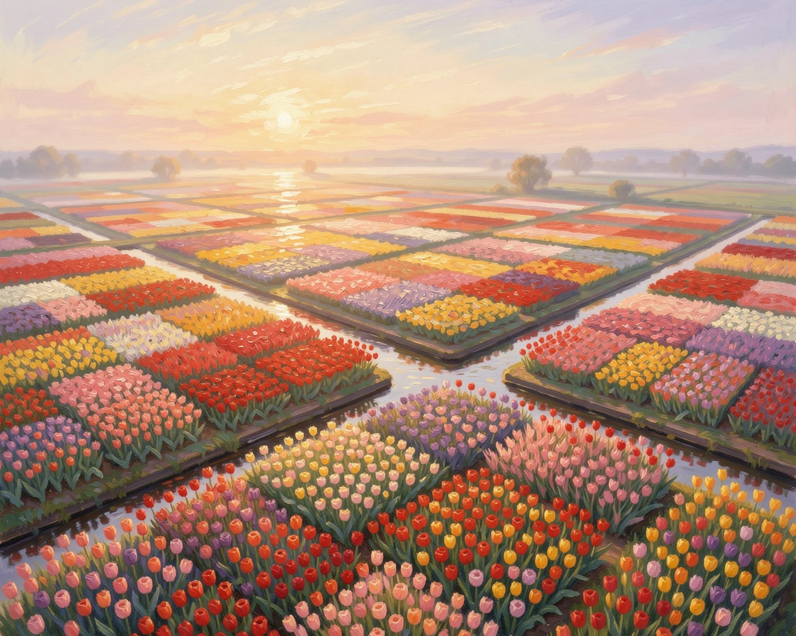 A patchwork quilt of tulip fields in Holland seen from above, canals cutting straight lines between them, at golden sunrise.