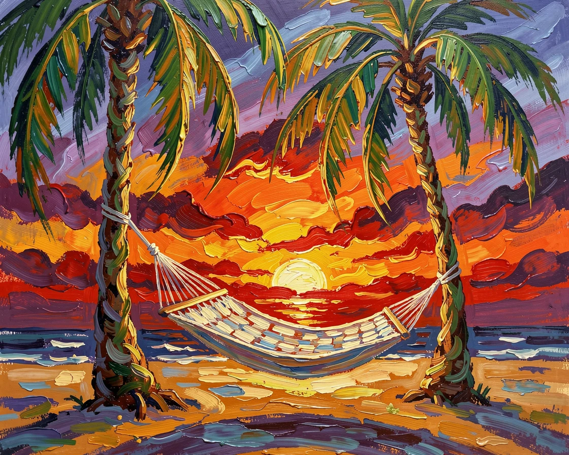 A hammock swaying gently between two palm trees as the sun dips below the horizon.