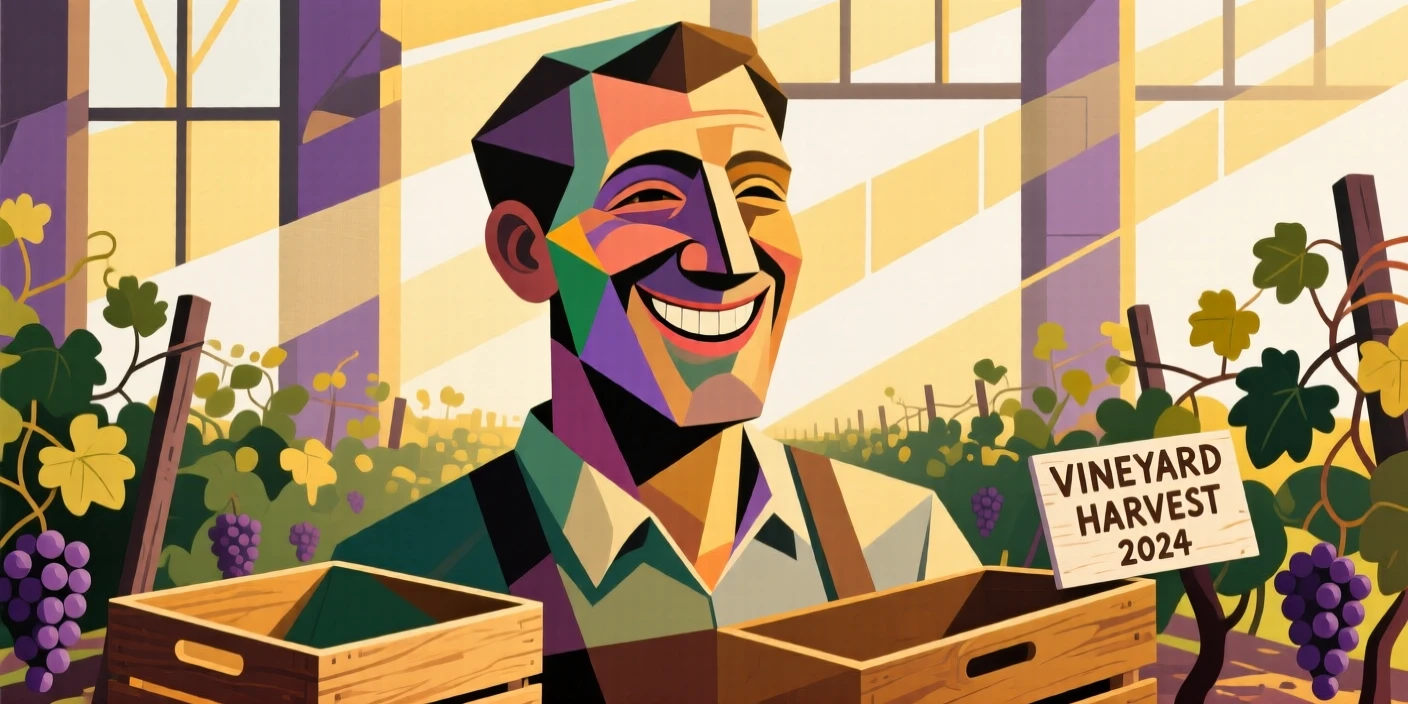 A tender close-up study of a vineyard grower smiling gently as morning light spills through tall windows.
