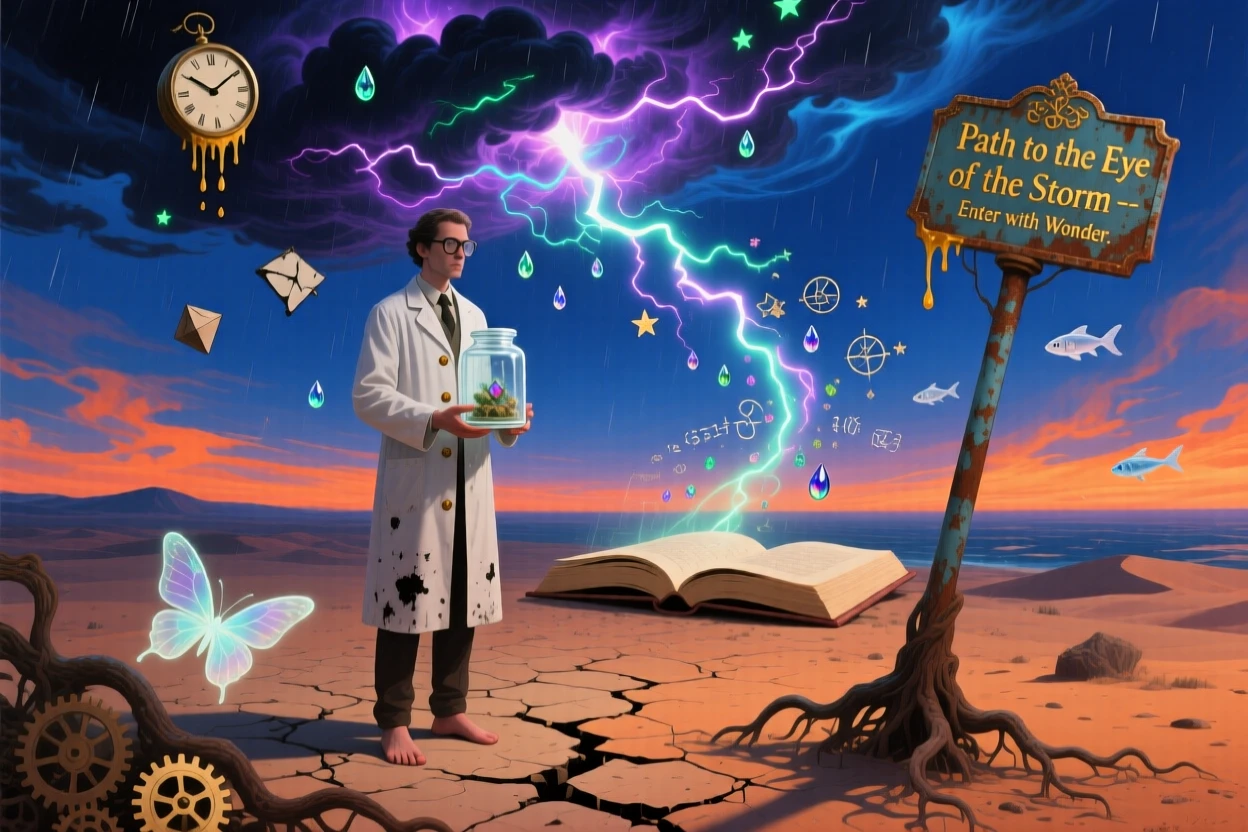 A scientist examining a tiny captured storm inside a glass jar stands quietly beneath a wide and endless sky, while a faint trail of light marks the path behind them.