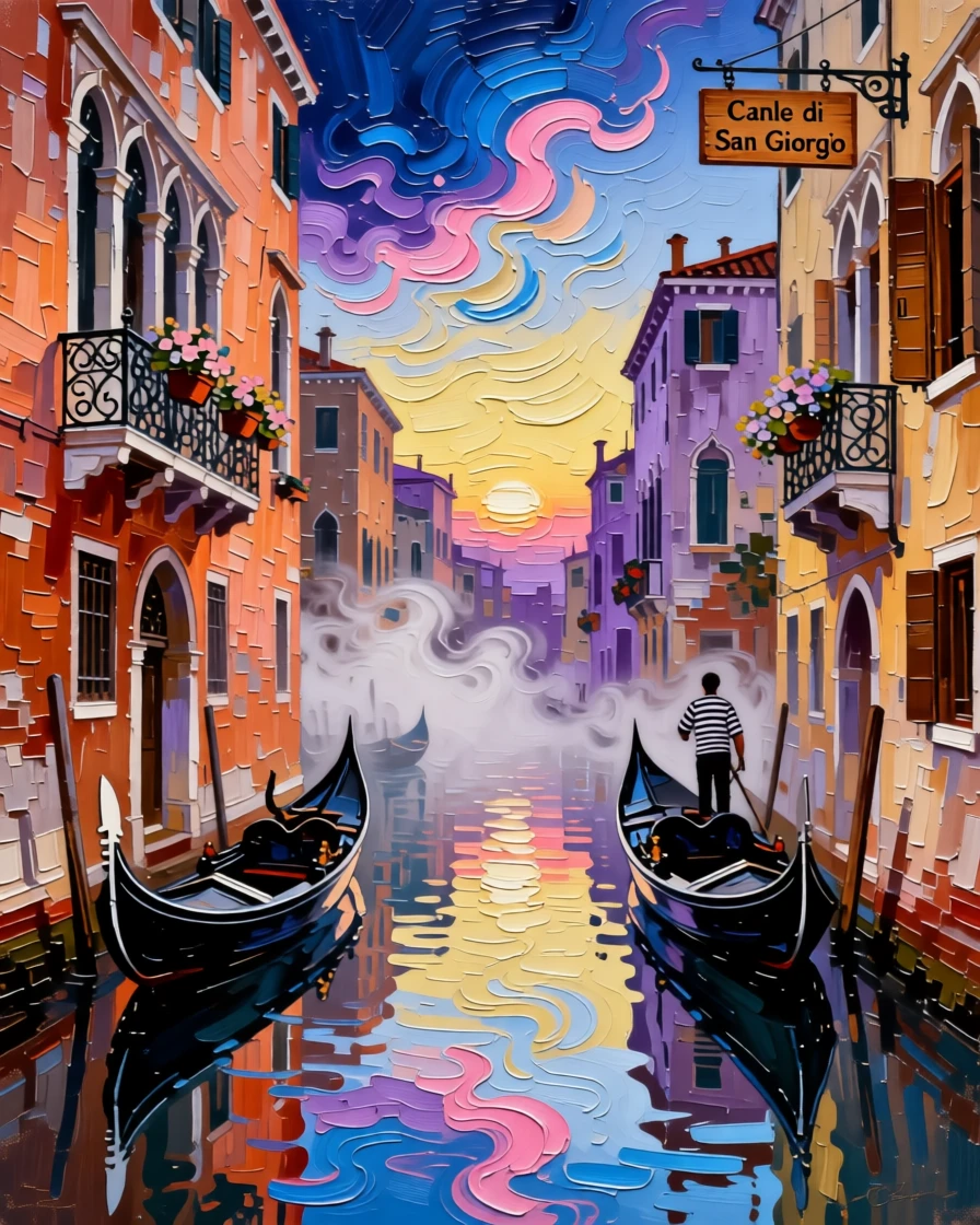 A quiet Venice canal at dawn before the crowds arrive, mist rising off still water