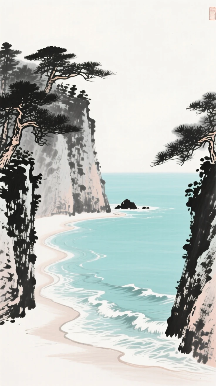 A quiet cove opens onto calm turquoise water framed by pine-covered cliffs, as waves break rhythmically along the shore.
