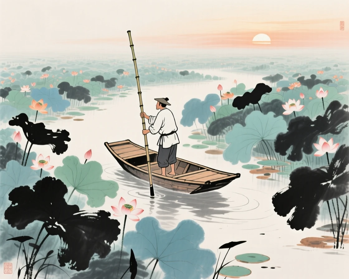 A boatman poling his craft gently through a field of lotus, in the quiet hour before sunrise.