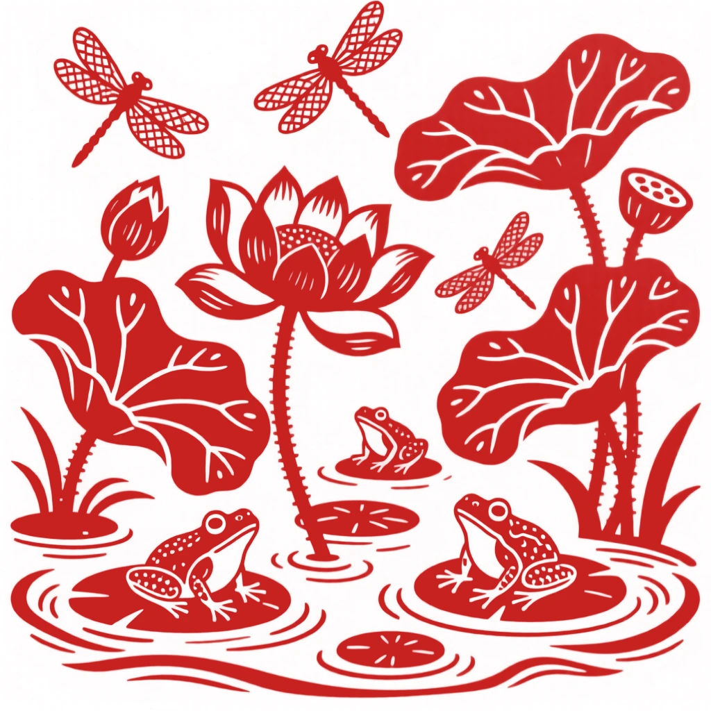 A summer lotus pond alive with croaking frogs and dragonflies skimming above the blooming pads