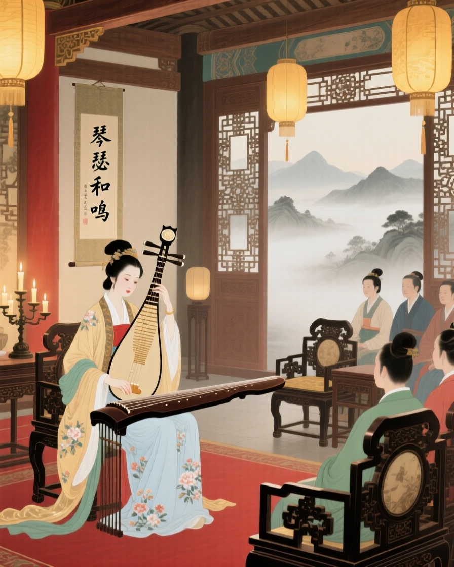 A court musician performing for nobles in a candlelit hall, as morning mist clings to the surrounding hills