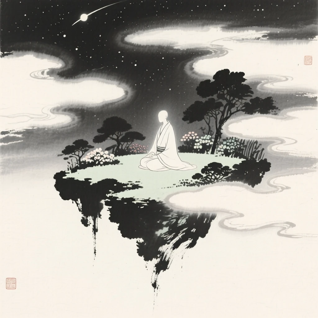 A celestial garden suspended among drifting clouds, balanced with soft negative space around the central figure, capturing a dreamlike, otherworldly stillness.