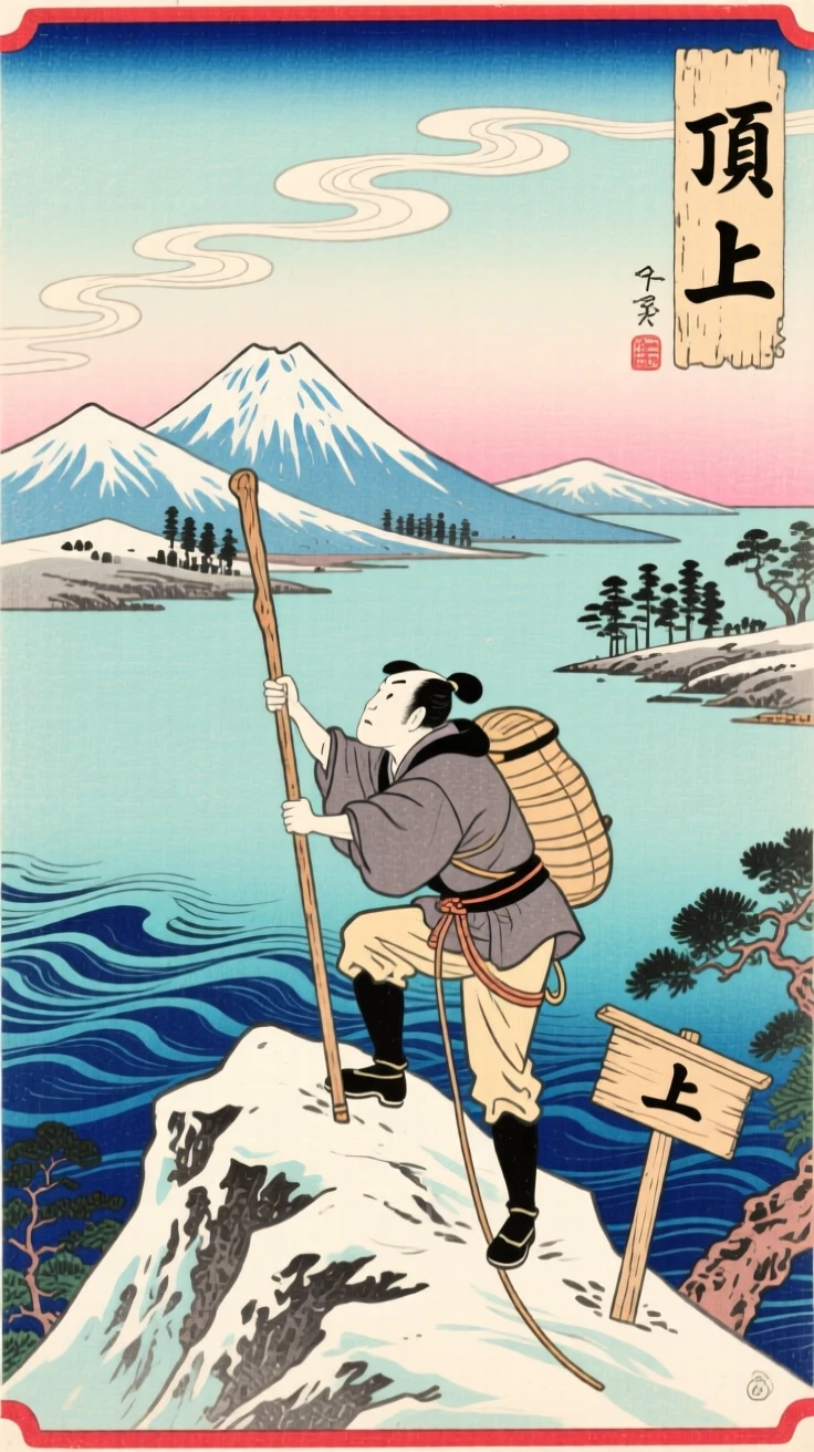 A determined climber reaching a snow-capped summit, on the edge of a calm harbor.