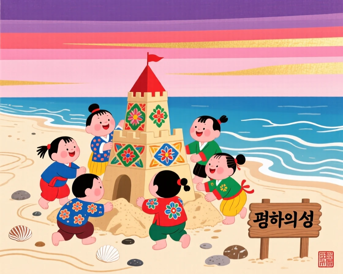 A group of children building a sandcastle on a quiet beach beneath a sky streaked with color.