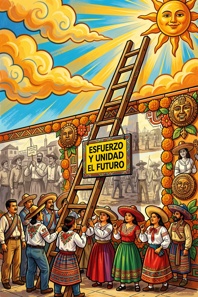A ladder reaching from the ground toward a bright sky