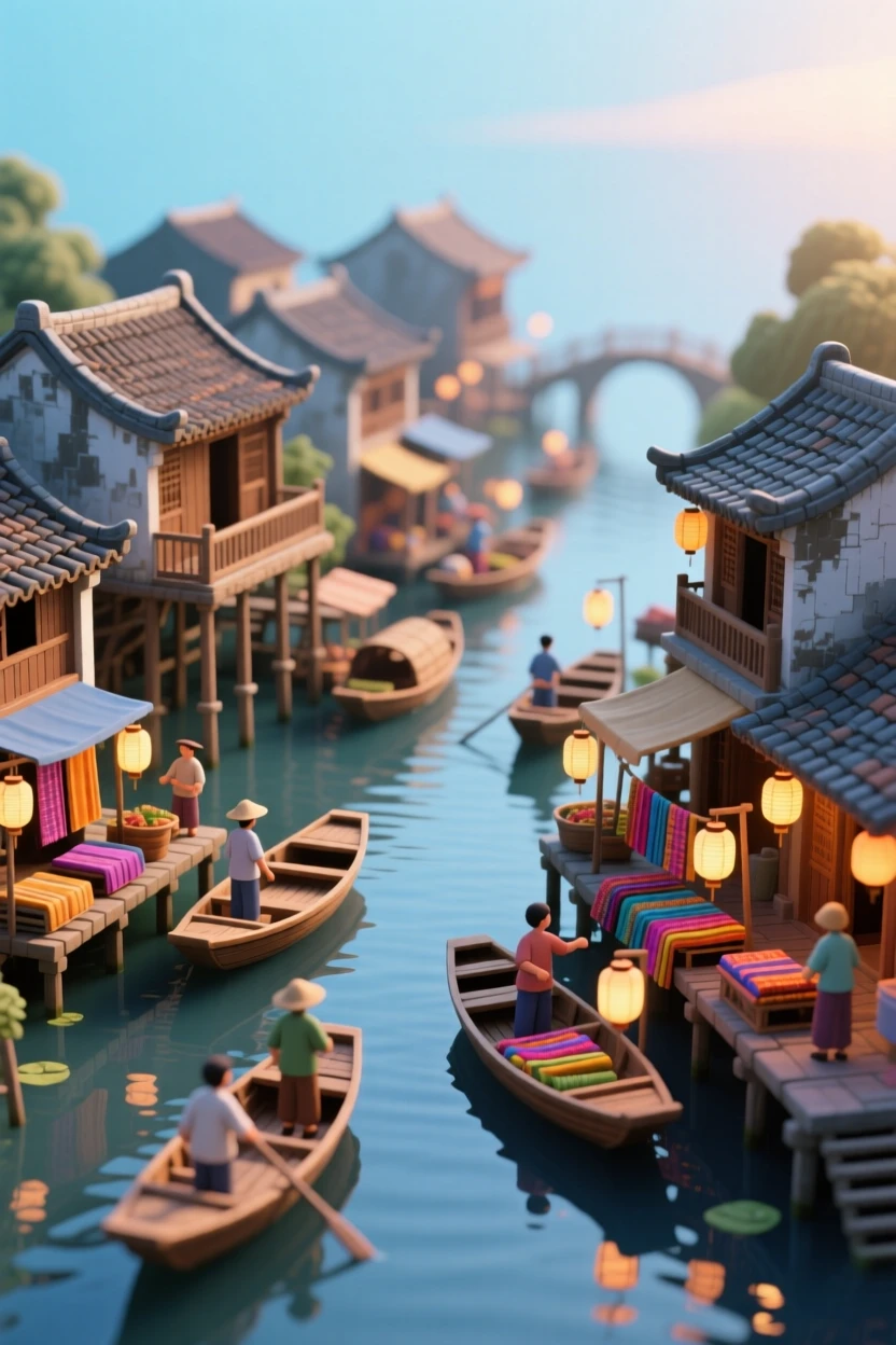 A colonial Vietnamese river town with lantern-lit boats, merchants selling silk, and a floating market at dawn.
