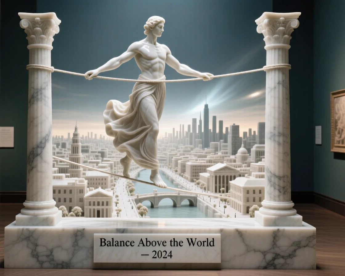A beautifully composed image of a tightrope walker balanced high above a city, surrounded by soft, glowing light, full of atmosphere and visual storytelling