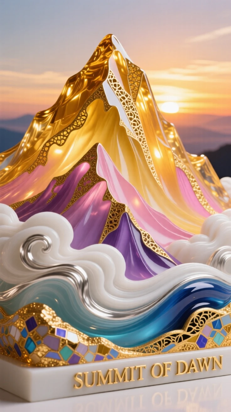 A grand mountain summit glowing the richest gold at sunrise with clouds rolling gently below, triumphant and vast.